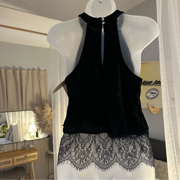 Black Velvet and Lace High Neck Sleeveless Dark Academia Whimsigoth Blouse, S - Picture 3 of 16